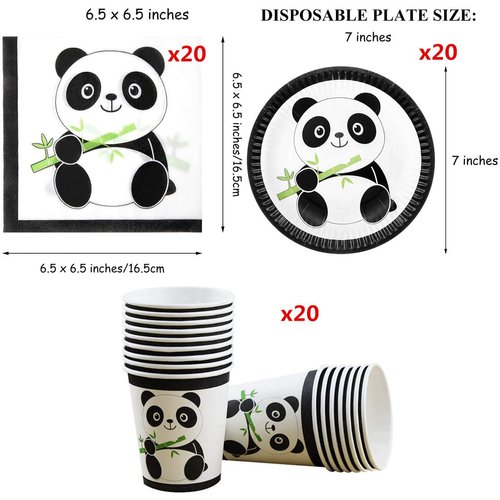 Black White Panda Party Supplies, Include 20 Panda Plates 20 Cups and 20 Paper Napkins, Disposable Tableware Set for Kids Baby Shower Birthday Decorations, for 20 guest
