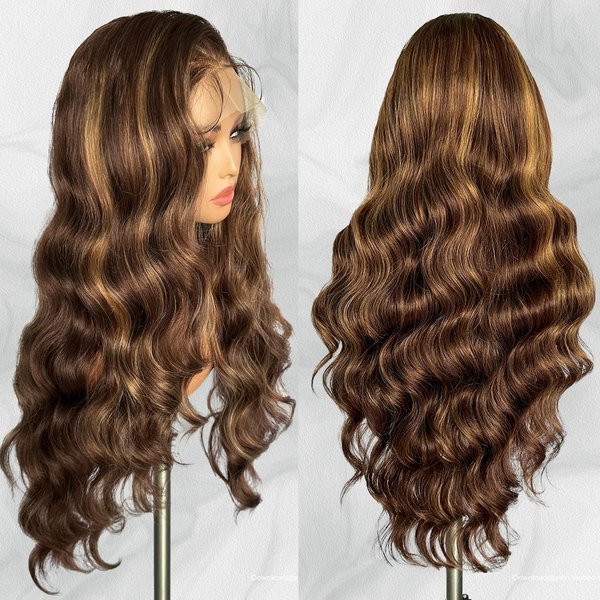 SOKU 13x6 Lace Frontal Wig 30 Inch Highlight Brown Body Wave Wigs for Girls Heat Friendly Pre Plucked with Baby Hair Lightweight Glueless Transparent Lace Front Wigs for Black Women