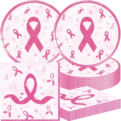 48Pack Breast Cancer Awareness Decorations Party Supplies include 24 plates, 24 napkins for the Breast Cancer Awareness Decorations birthday party Decoration