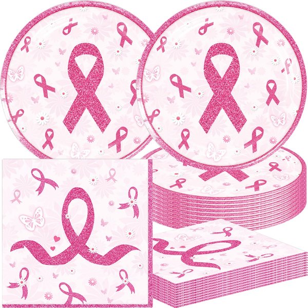 48Pack Breast Cancer Awareness Decorations Party Supplies include 24 plates, 24 napkins for the Breast Cancer Awareness Decorations birthday party Decoration