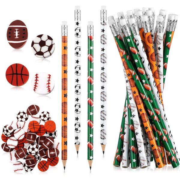 36 Pcs Sports Pencils and 36 Pcs Sports Ball Erasers Fun Wooden Pencils with Sports Eraser for Kids Sports Themed Birthday Party Favors School Office Supplies (Sports)