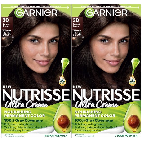 Garnier Hair Color Nutrisse Nourishing Creme, 30 Darkest Brown (Sweet Cola) Permanent Hair Dye, 2 Count (Packaging May Vary)
