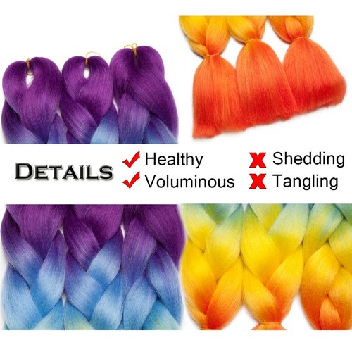 Benehair Rainbow Braiding Hair 3 Bundles/lot 24inch Jumbo Braiding Hair Extensions High Temperature Synthetic Braid Hair Braiding Hair Pre Stretched Ombre Braiding Hair (Purple+Blue+Yellow+Orange)
