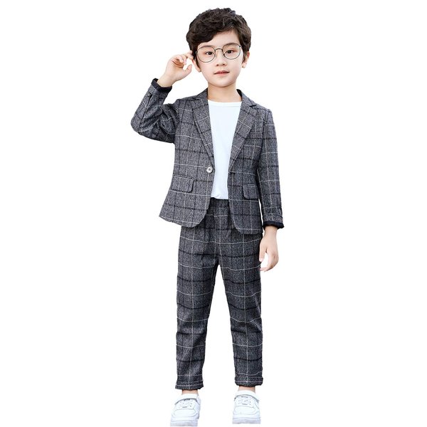 lontakids Boys Plaid Blazer Pants Set Casual Suit Classic Kids 2 Piece Sport Coats Outfits (Grey, 8)