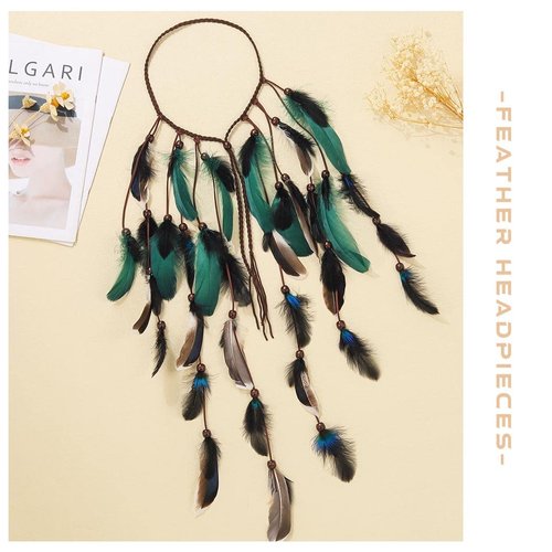 GORTIN Boho Feather Headband Gypsy Headpiece Headdress Bohemian Hippie Headbands Indian Festival Hair Band Adjust Long Feather Hair Accessories for Women and Girls (Black+Green)