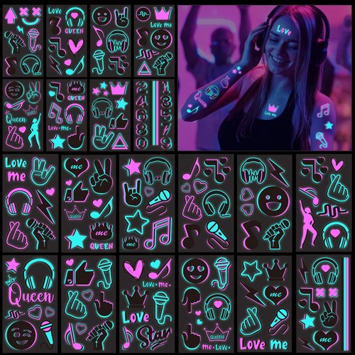 Konsait 20 Sheets Blacklight Tattoos for Kids Adults, Music Notes Body Face Glow Party Tattoos Waterproof Neon Temporary Tattoos for Boys Girls Women Birthday Gifts Glow Party Supplies