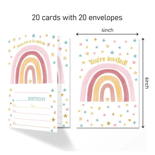 ANYEMW 4x6 Rainbow Birthday Invitations, Rainbow Party, Rainbow Party Decorations Favors Supplies, Birthday Party Invitations For Boys Girls, 20 Cards with 20 Envelopes.(64)