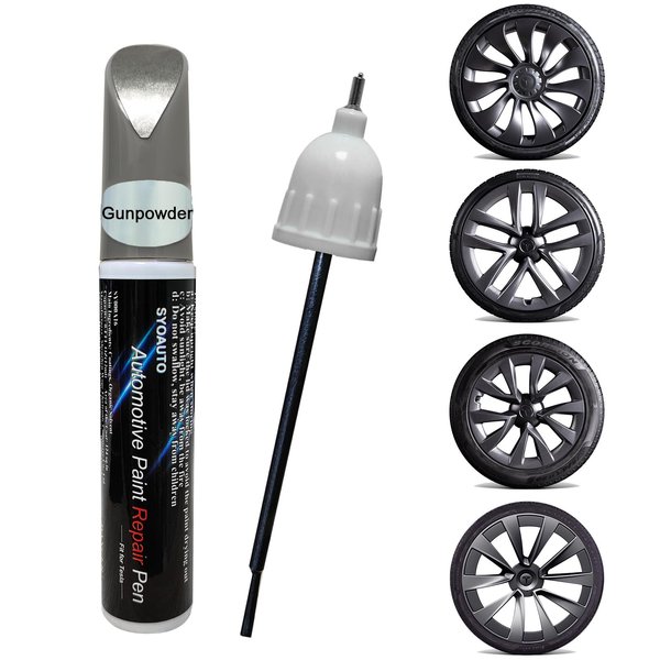 SYOAUTO Gunpowder Rim Touch Up Paint For Tesla Model Y 3 S X Uberturbine/Arachnid/Cybersteam/Turbine Wheel Touch Up Paint Pen Tip and Brush 2 in 1 Rim Scratch Repair Wheel Curb Rash Paint