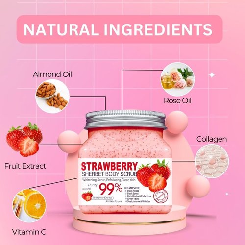 Nielies Strawberry Body Scrubs 18 Oz- Exfoliating Body Scrub with Dead Sea Salt, Argan Oil and Vitamic C-Sugar Scrub for Body, Body Scrub Sugar, Face-Body Scrubs for Women, (Strawberry)