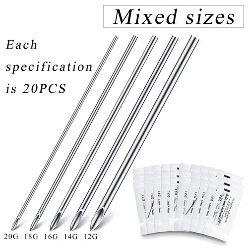 100 Pieces Body Piercing Hollow Needles with Stainless Steel Forceps Mixed Sizes 12G 14G 16G 18G 20G Ear Piercing Needles for Belly Ear Tongue Piercing Tools