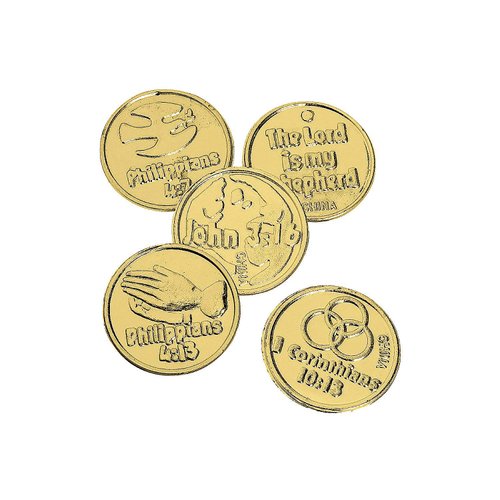 Fun Express Religious Bible Verse Gold Coins - 144 Pieces - Sunday School Supplies and VBS Prizes - VBS Vacation Bible School Supplies/Decor