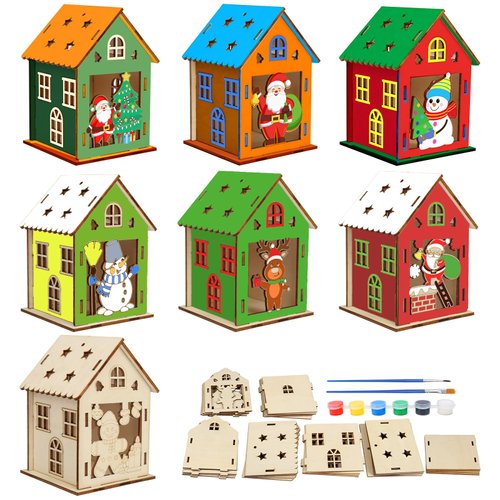 Fennoral 7 Pack Wooden Christmas House Craft Kit for Kids Make You Own 3D Christmas House Kit DIY Paint Christmas DIY Art Craft for Christmas Art Projiect Christmas Party Decoration