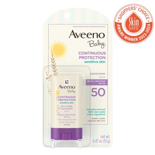 Aveeno Baby Continuous Protection Mineral Sunscreen Stick for Sensitive Skin with Broad Spectrum SPF 50 Protection for Face & Body, Naturally Sourced 100% Zinc Oxide, Travel Size, 0.47 oz