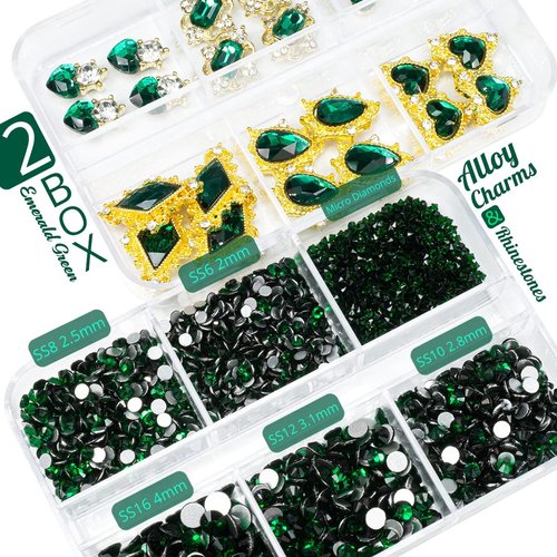 24pcs Green Luxury Nail Charms +2000pcs Emerald Green Rhinestones 3D Big Nail Gems Glass Nail Crystals Diamonds Jewelry Stones Alloy Nail Art Studs Decor Supplies Heart Charms for Arylic Nails Crafts