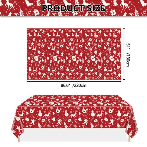 QUERICKY Christmas Tablecloths for Rectangle Table, 87x51'' Santa Claus Snowman Reindeer Snowflake Xmas Plastic Disposable Table Cover for Christmas Party Winter Events Decorations, Red, 12 Pack