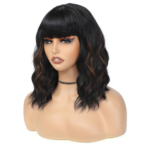 BEAUTIFA Black Mix Brown Wig with Bangs for Women 14 Inch Shoulder Length Short Bob Wavy Curly Wig Black Mix Brown Wig Heat Resistant Synthetic Wigs