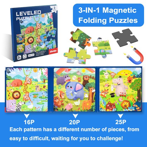 ASTARON Magnetic Puzzles for Toddlers, 16-20-25 Pieces Animal Learning Magnet Puzzle for Road Trip, Educational Travel Toys Car Plane Activities for Kids, Kids Birthday Gifts