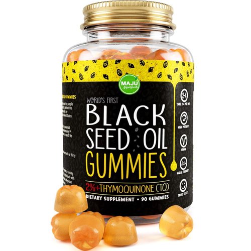 MAJU's Black Seed Oil Gummies, World's 1st, 2.5X Per BSO Gummy, Cumin Nigella Sativa Oil, Cold-Pressed, Potent Formula with Cinnamon Extract, Tasty, 500mg 90ct