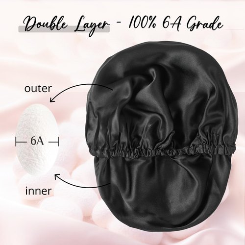 WIGI 100% Mulberry Silk Bonnet with Scrunchie Gift for Women, Silk Bonnet for Sleeping, Shower Cap Hair Bonnet, Silk Hair Wrap for Hair Care (100% Mulberry Silk (Round design), Black)