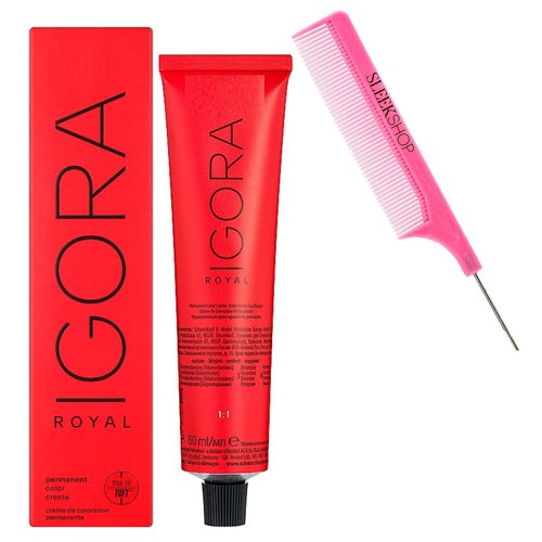 outcome comb + IGORA ROYAL by Schwarzkapf Professional PERMANENT Creme Hair Color Dye, Cream Haircolor, 2024-2025 Version (w/SIeekshop Argan PINK Comb) (5-7 Light Brown Copper)
