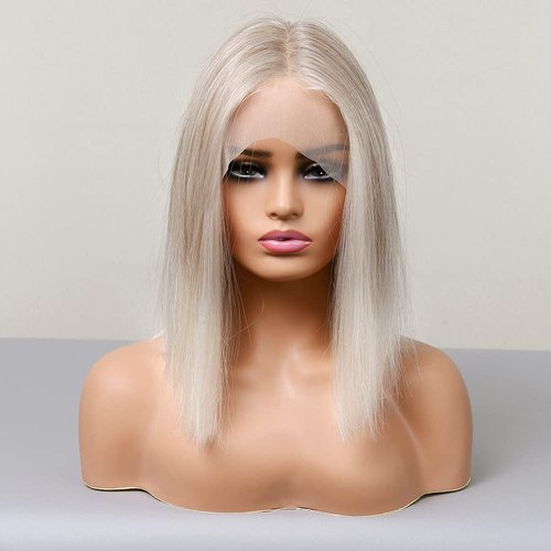 vedar Ombre White Blonde Bob Wigs, Synthetic Hair Short Blonde Lace Front Wig with Highlight, Short Bob Wigs for Women, 12 inch VEDAR-096