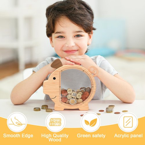 Summidate Wooden Piggy Bank for Kids, Cute Money Bank for Boys and Girls, Unbreakable Wood Coin Bank, Creative Saving Money Jar Personalized Present for Child Birthday Christmas & Decor