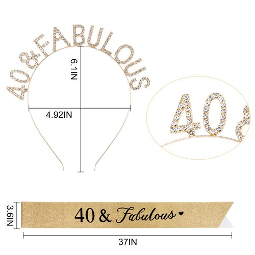 CAVETEE 40th Birthday Crown and Sash，Birthday Headband Gold Princess Tiara Birthday Sash and Crown Happy Birthday Sash for 40th Birthday Decorations for Birthday Gifts