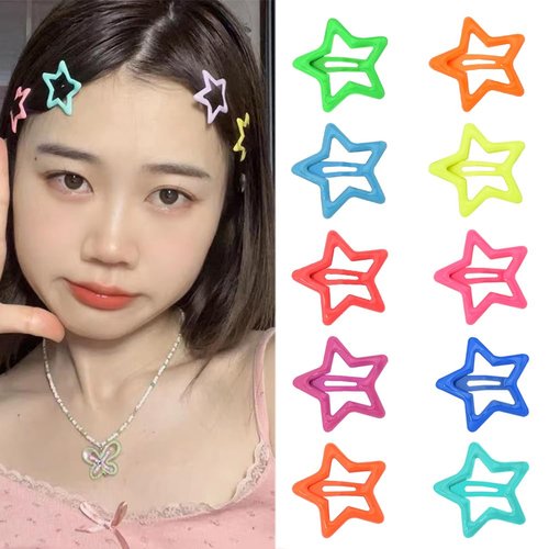 Glow Snap Unique Glow in the Dark Star Snap Hair Clips and Barrettes - Colorful Y2k Hairpins for Girls, Teens, Toddlers' Bangs & Side Hair (10 Pcs)