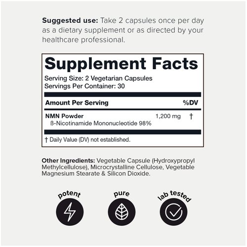 Toniiq NMN Supplement 1200mg - Third Party Tested Stabilized Capsules - 98% Highly Purified for NAD + - 60 Capsules Nicotinamide Mononucleotide Booster Supplement