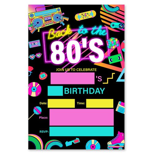 brayqu Back to the 80's Birthday Party Invitations Retro 80‘s Themed Ticket Invitations Fill-in (20 Invitation Cards with Envelopes)