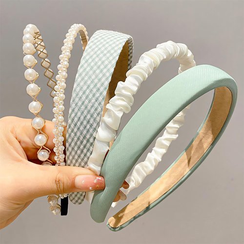 DOXISHRUKY Fashion Headbands for Women Girls Headbands Set, 5pcs Pearl Headband Floral Headbands Padded Headbands for Women Vintage Wide Headband (Green)