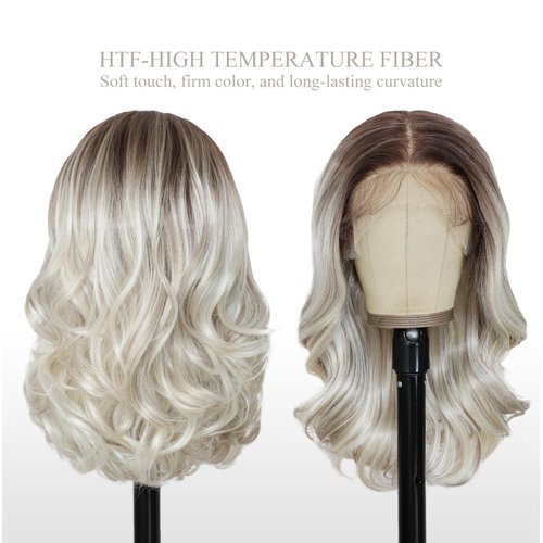SISgrace Ombre Platinum Blonde 13×6 HD Lace Front Wigs Synthetic Glueless Pre Layered Brown Roots Body Wave Wigs for Women Pre Plucked 18 Inch Tiny Knots Lace Natural Hairline Bob Wigs