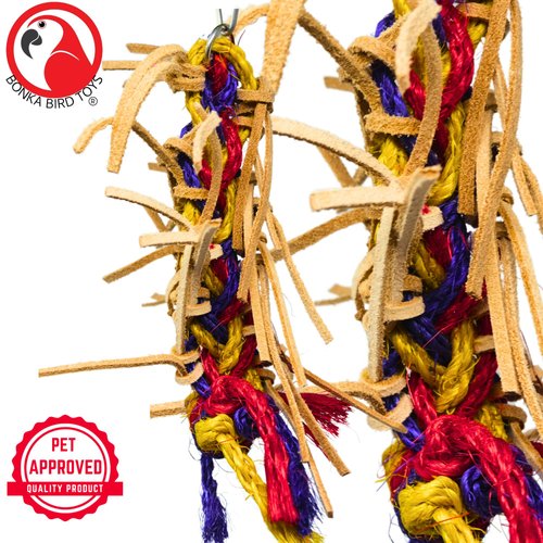 Bonka Bird Toys 2621 Small Leather Braid Chew Preen Parrot Cage Toy, Cockatiel, Parakeet, Conure, and Similar Breed Sizes