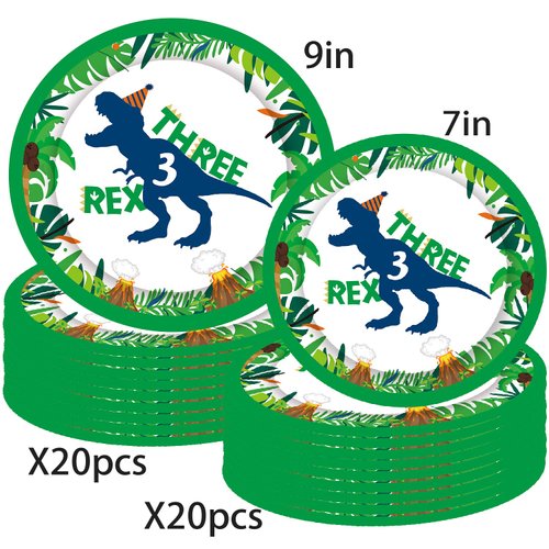 BIGKEOKI Three Inspired Rex Birthday Plates 40pcs Dinosaur Birthday Party Paper Plates Dinosaur Birthday Party Supplies 3 Year Old Boy Three Dino-Rex Birthday Party Decorations for Boys Dino Bday