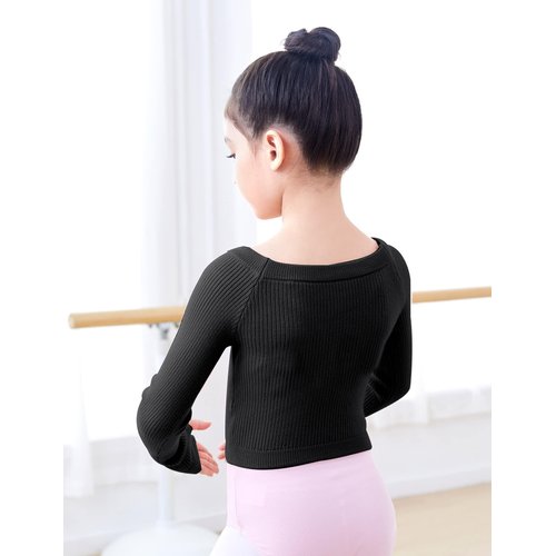 Daydance Knit Black Girls Ballet Sweaters Pullover Boat Neck Dance Crop Top for Leotards, A Size Up