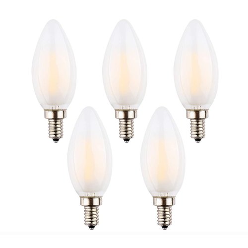 OPALRAY LED Filament Candle Light Bulb, 6W Dimmable, 60W Incandescent Lamp Equivalent, E12 Candelabra Base Fixture, Warm White Light 2700K, 600LM, Frosted Glass Bullet Tip, 5 Pack