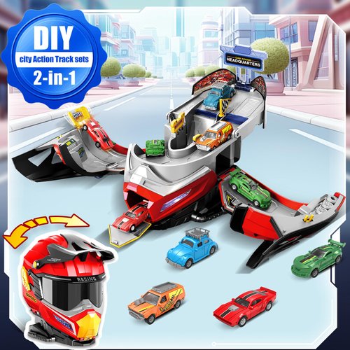 OCHIDO Boys Toys for 2 3 4 5 6 Years Old,2 in 1 Helmet Transforms Racer Track Set with 4 Cars,and Lights & Sounds,Toddler Toys for Best Birthday Gifts Kids Age 3-5
