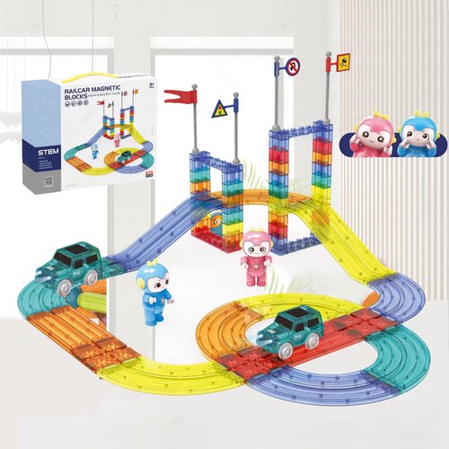 BELLA GLOBE Magnetic Tiles Race Car Track Set STEM Engineering Slot Cars on Flexible Car Tracks 63PCS Educational Magnet Building Blocks Magnetic Car Toys for Kids