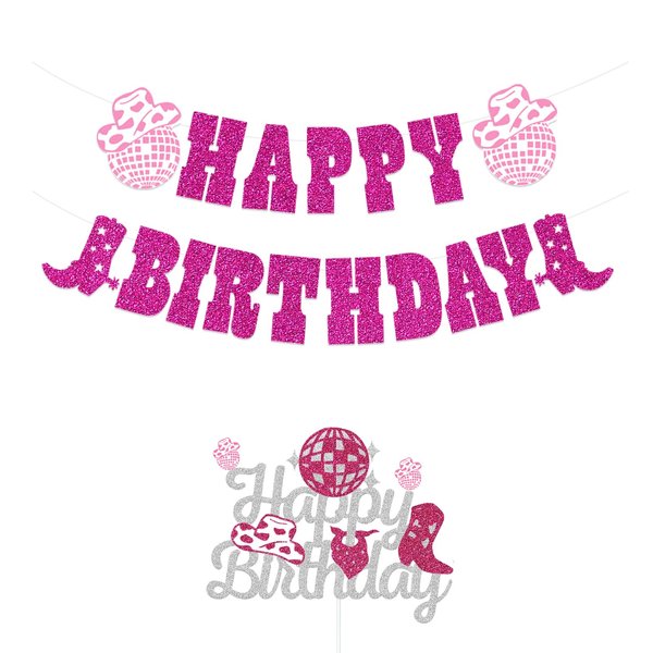 Western Cowgirl Happy Birthday Banner Pink Birthday Party Decoration and Glitter Cowgirl Hat Disco Ball Garland for Disco Girls Birthday Bachelorette Party Birthday Cake Toppers Decoration
