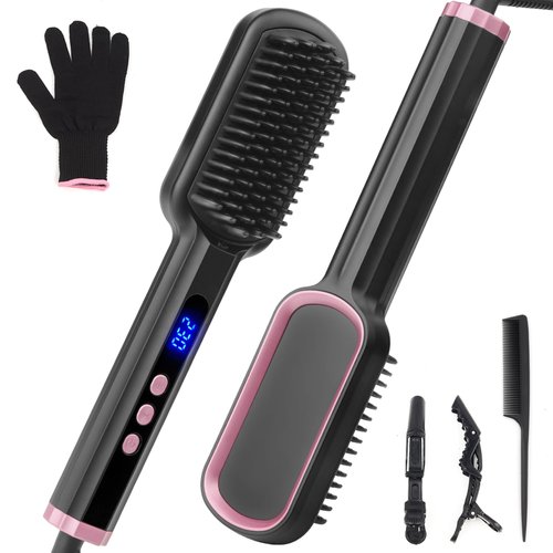 Hair Straightener Brush, Hair Straightener Comb Straightening Brush with Negative Ionic for Women, Fast Heating with 8 Temps & Dual Voltage, with Glove