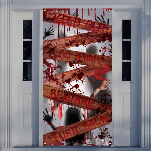 Halloween Terror Door Banner Bloody Horror Theme Door Cover, Halloween Scary Bloody Door Banner f...