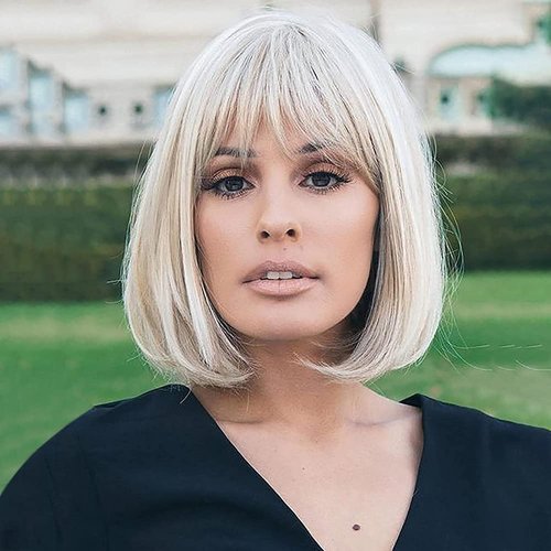 Creamily 12 Inch Short Blonde Wig for White Women Shoulder Length Straight Bob Wigs with Bangs Synthetic Hair Wigs Halloween Costumes Cosplay Wig for Women (16/613 Blonde Wig)