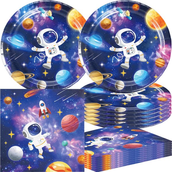 Frerand 40Pcs Outer Space Party Supplies include 20 plates, 20 napkins for the Space Them Birthday Party Decoration