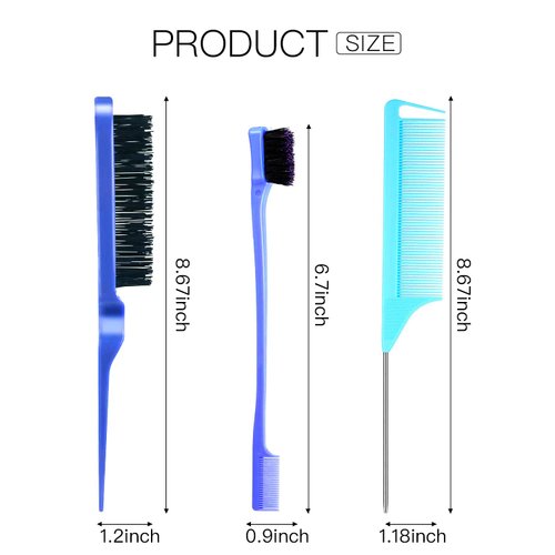 3 Pieces Teasing Brush Set Bristle Hair Brush 3 Row Teasing Brush Dual Edge Brush Sturdy Styling Comb Parting Comb for Brushing, Combing, Slicking Hair for Stylist Women (Blue)