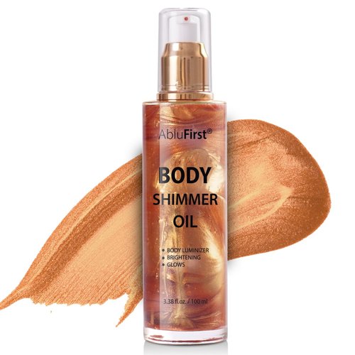 AbluFirst Shimmer Body Oil 100ml Face Glitter Summer Body Moisturizing Light Shimmering Glow Non-Sticky Party Body Luminizer and Illuminator Smooth (3.38 Fl Oz Pack of 1, Bronze Gold)