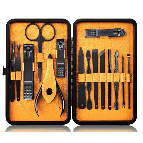 Keiby Citom Professional Stainless Steel Nail Clipper Travel & Grooming Kit Nail Tools Manicure & Pedicure Set of 15pcs with Luxurious Case (Black/Yellow)