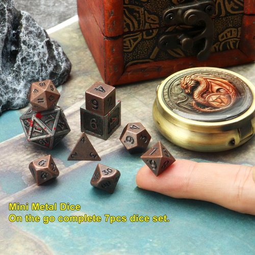Haxtec Mini Dice Set with Keychain Dice Case 10mm Mini Metal DND Dice Antique Copper Metal Dice Set D&D Portable 7PCS Dice Set DND Gift Stocking Stuffers