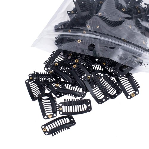 SWACC 100 Pcs U Shape Metailic Snap Clips ins for Hair Extension Hairpiece DIY Snap-Comb Wig Clips with Rubber (Black, 9-Teeth 6 Holes)