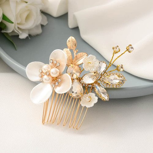 Unicra Gold Flower Hair Comb Crystal Bridal Wedding Hair Pieces Pearl Hair Accessories for Women and Brides