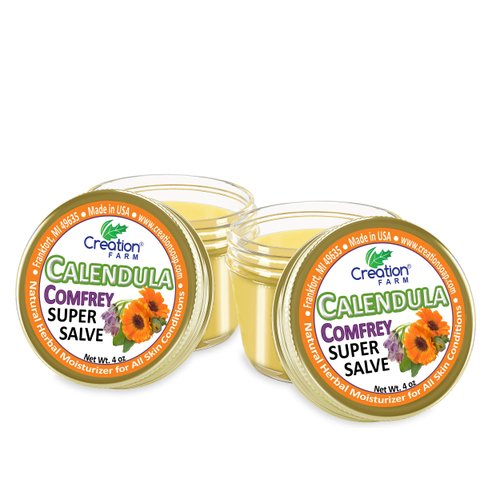 Creation Farm Calendula Comfrey Super Salve 8OZ- (2-4 oz Jars) Balm Soothes Baby Bottoms, Eczema, Hand Cream for Dry Cracked skin, Tattoos and Beards Grown and Made in USA from Real Herbs